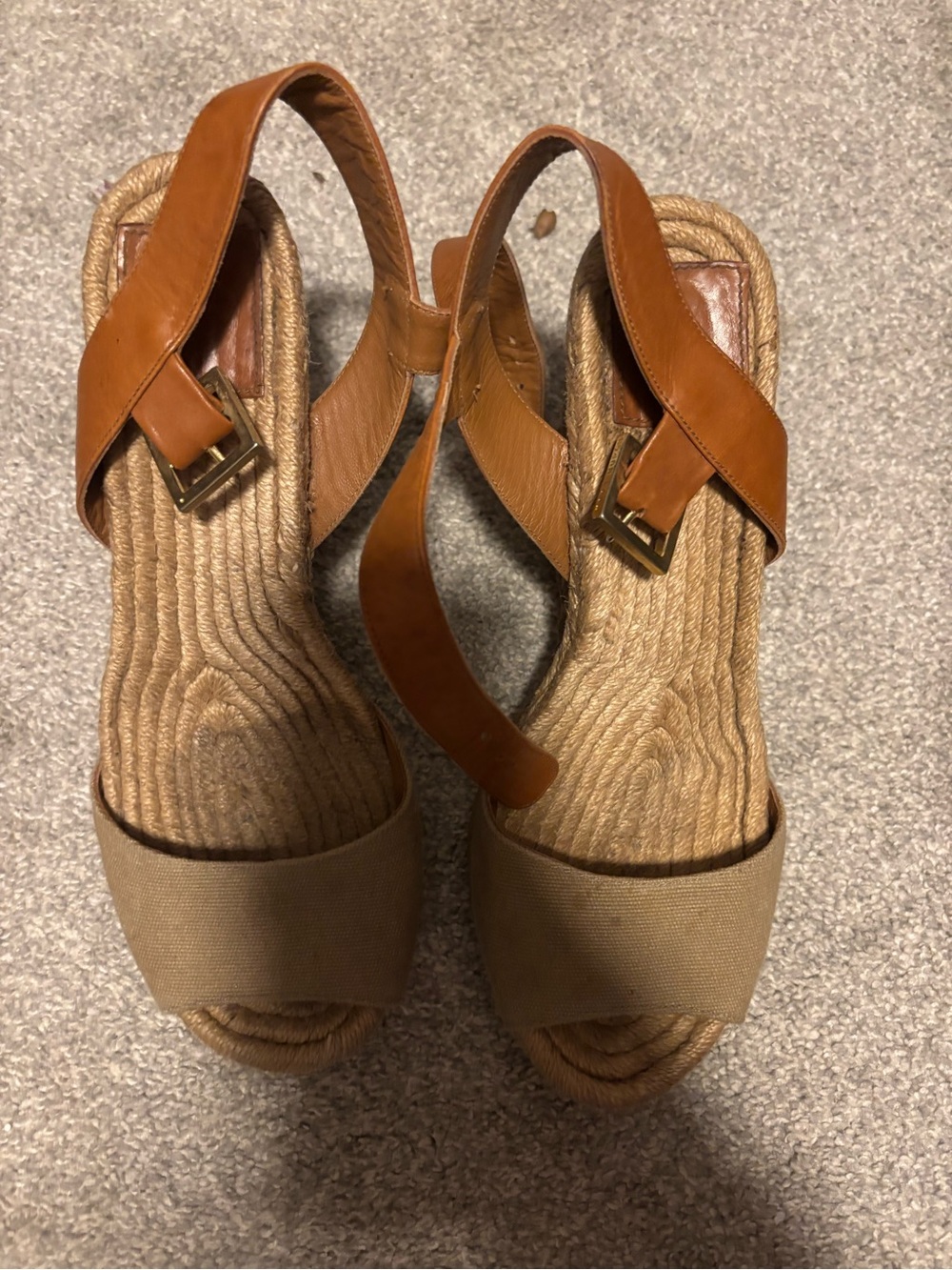 Women's Tory Burch Tan Espadrille Wedge Sandals - Neutral Canvas and Leather